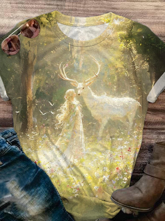 Women's Faith Forest Elf Elk Angel Print Casual T-shirt