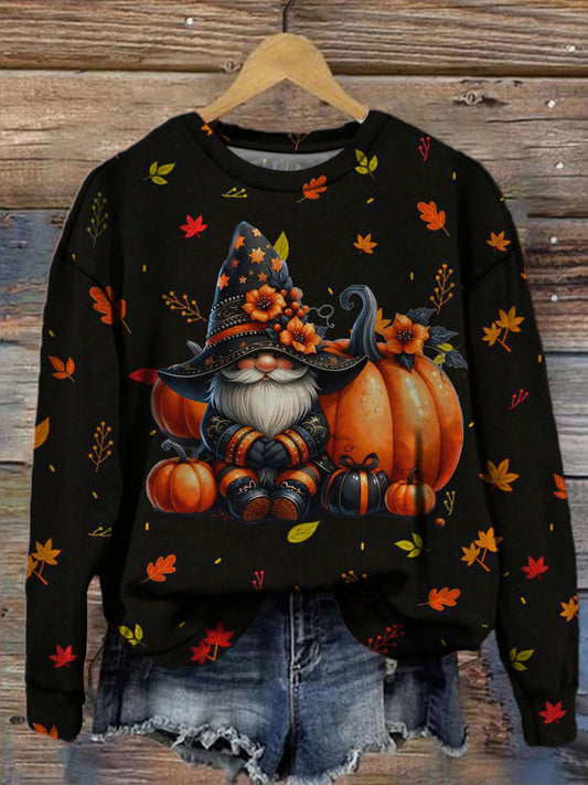 Women's Fall Pumpkin Gnome Print Long Sleeve Top