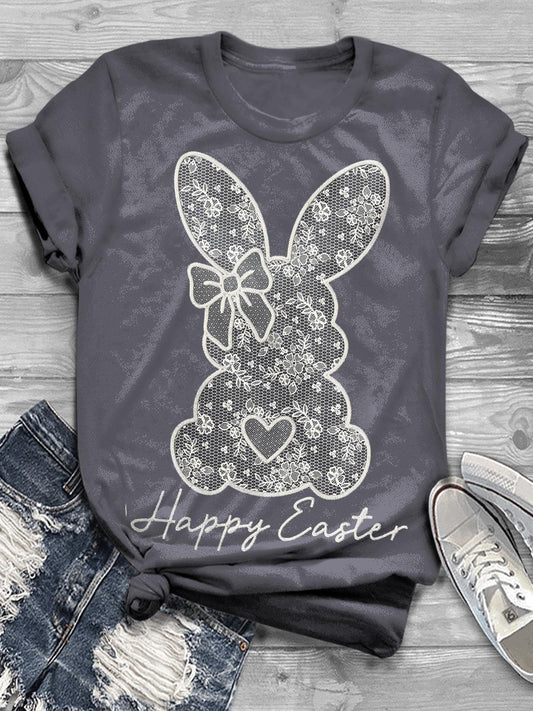 Easter Day Faux Lace Bunny Fun Print Casual T-shirt