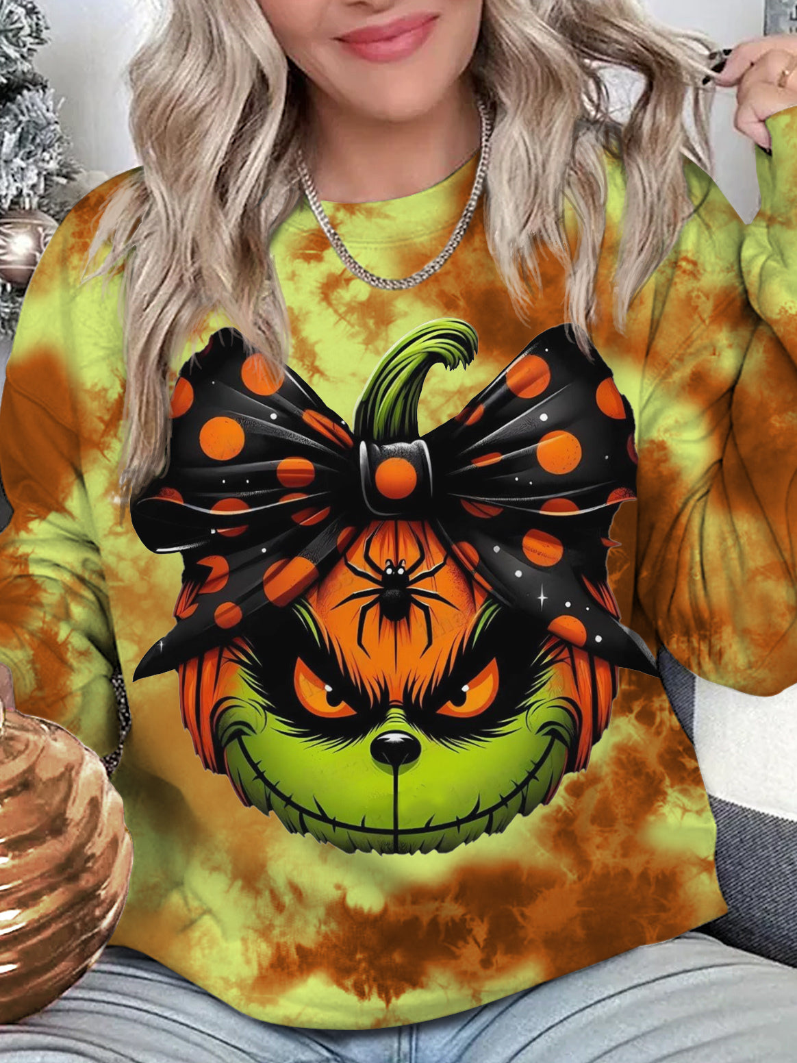 Women's Halloween Christmas Pumpkin Print Long Sleeve Top