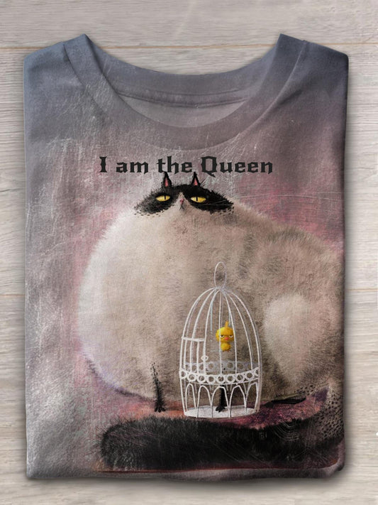 Cute Cat Queen Funny Bird Print T-shirt