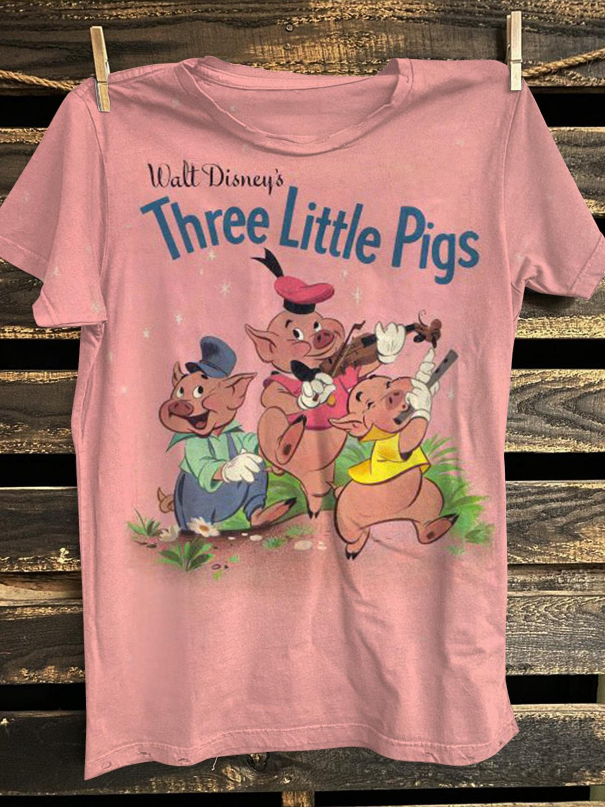 Women's Cute Three Little Pigs Retro Print Casual T-shirt