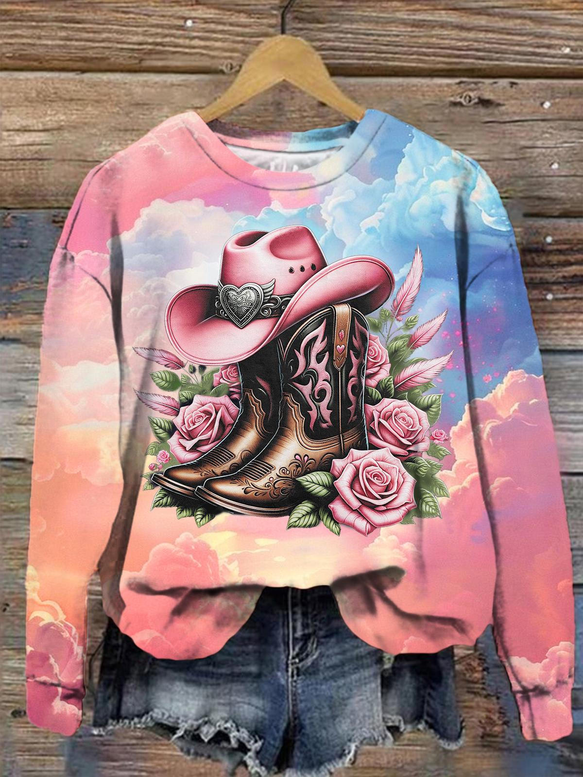 Women's Western Denim Fun Print Long Sleeve Top