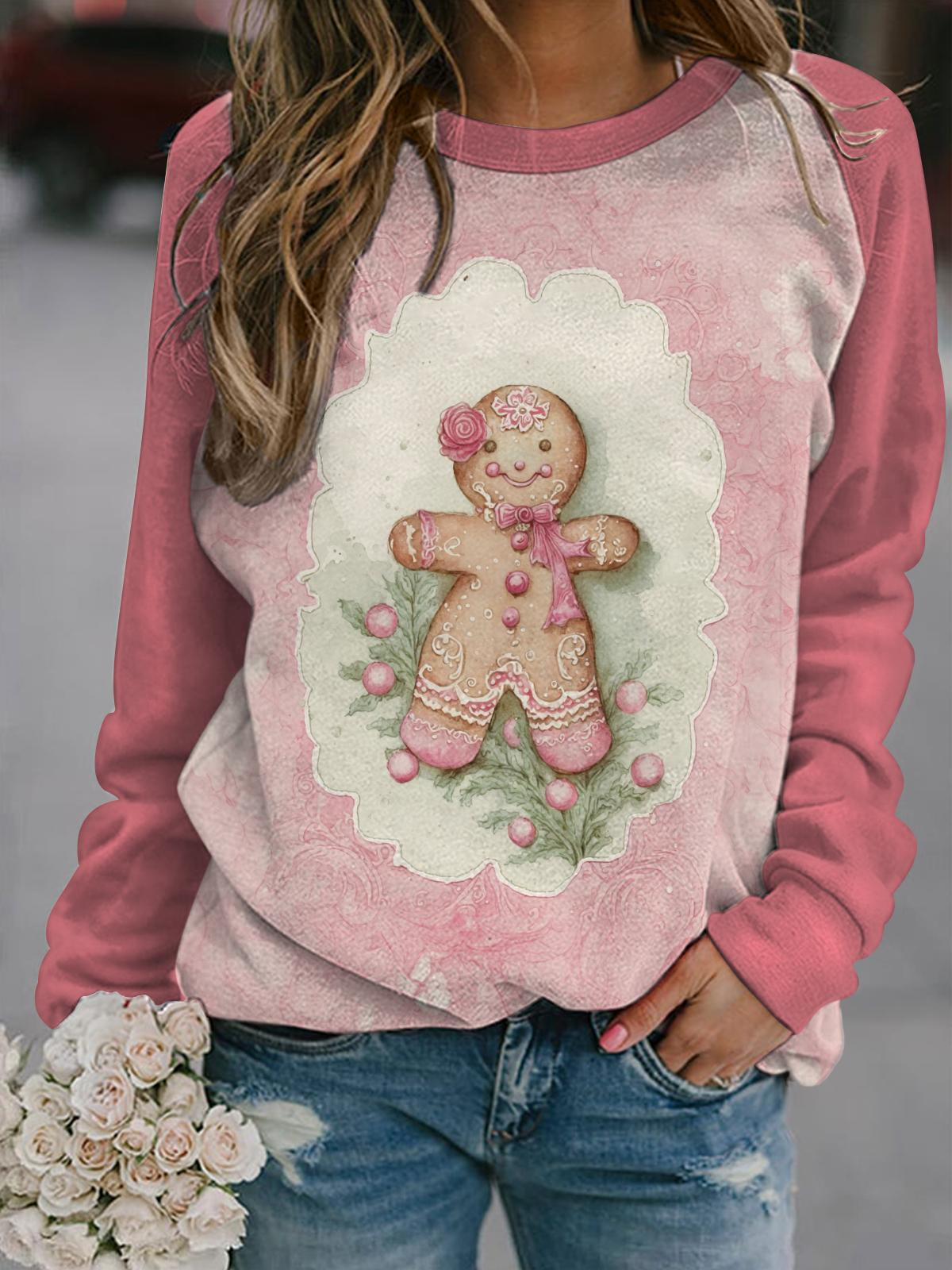 Women's Christmas Cookies Cute People Printed Casual Long Sleeve Top