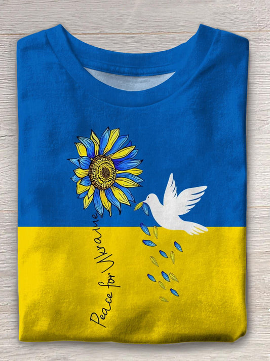 Blue And Yellow Sunflower Patriotic Peace Dove Print Crew Neck T-shirt