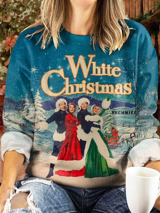 White Christmas Character Stage Snow Scene Print Long Sleeve Tops