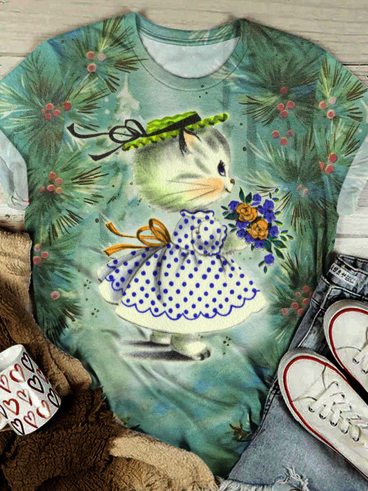 Women's Vintage Rabbit Floral Print Crew Neck Short Sleeve T-Shirt