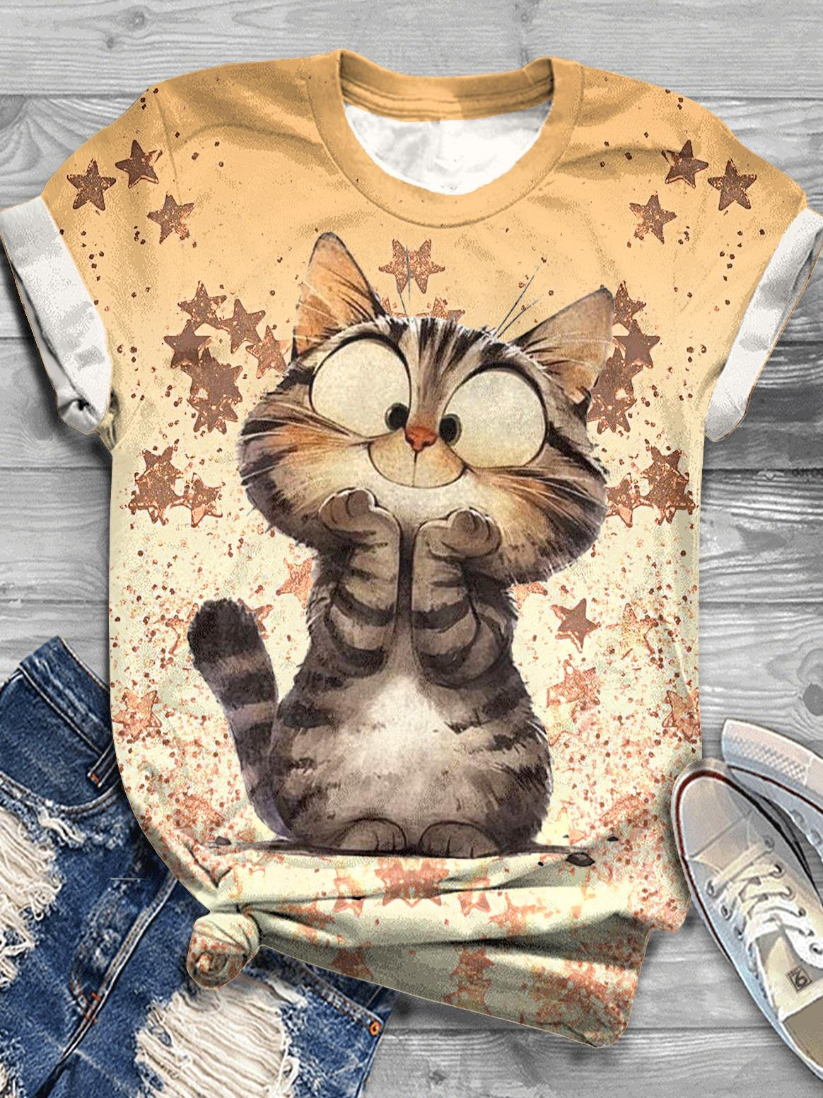 Women's Cute Kitten Print Crew Neck T-shirt