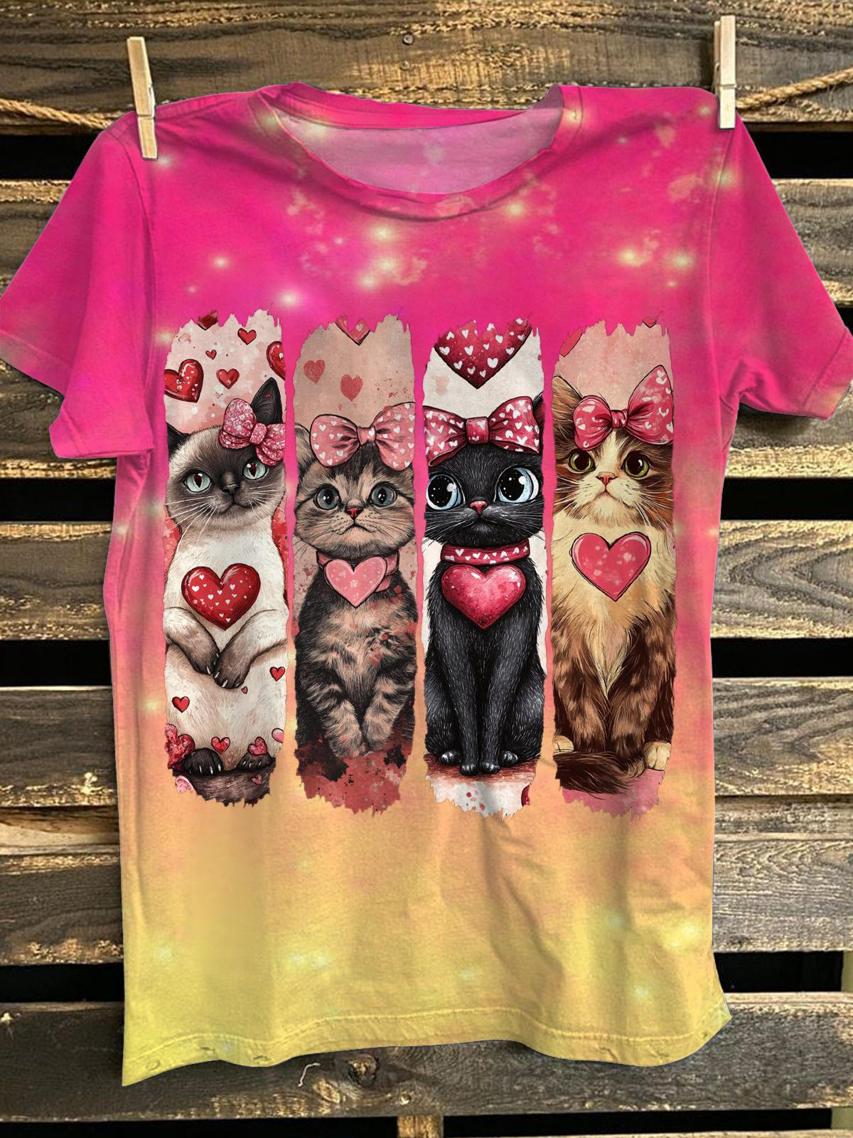 Heart Love Cat Valentine Crew Neck T-shirt