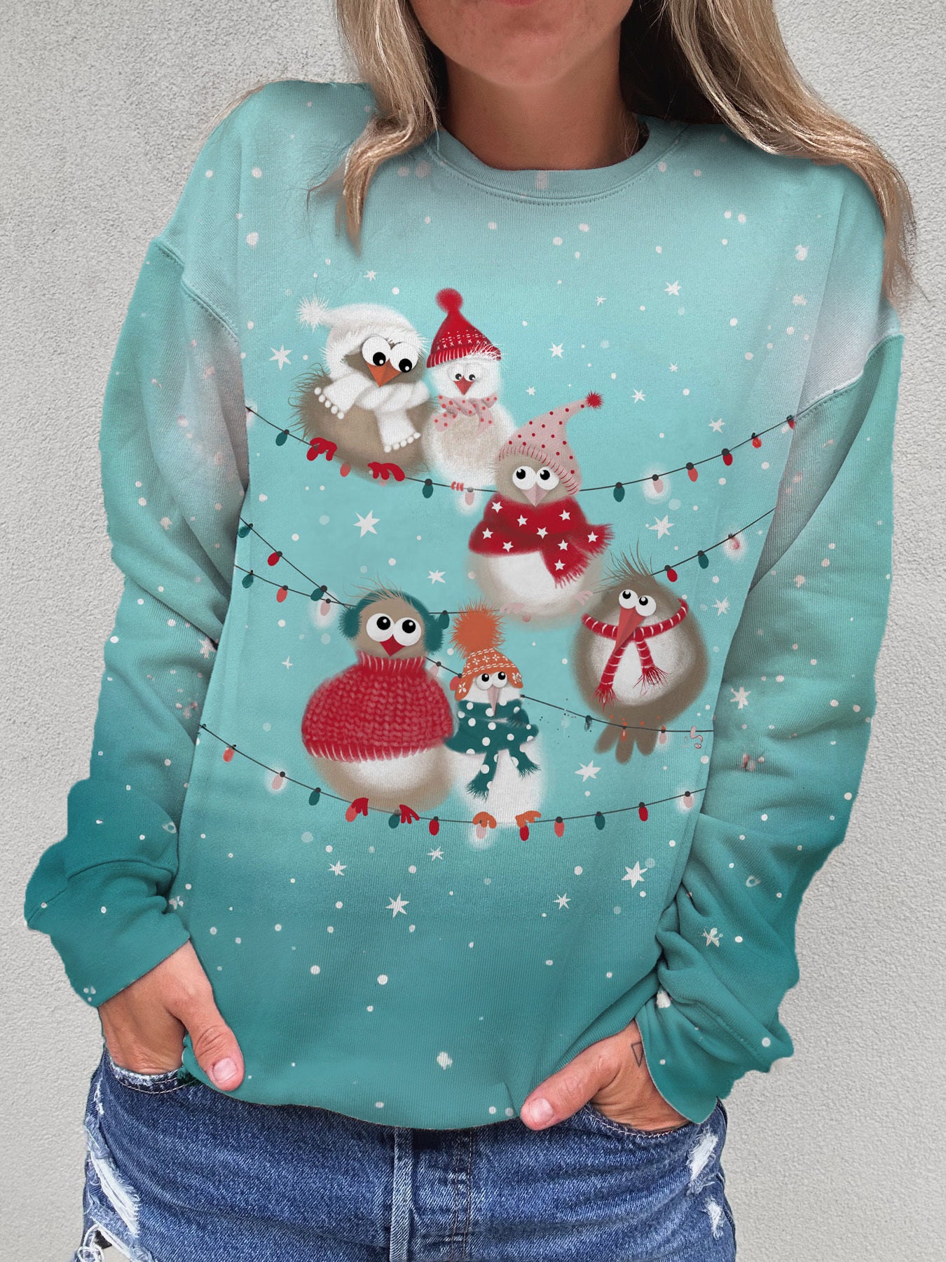 Women's Christmas Bird Round Neck Long Sleeve Top