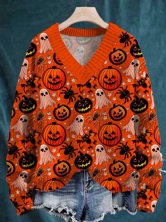 Women's Halloween Pumpkins And Ghosts V-neck Sweater