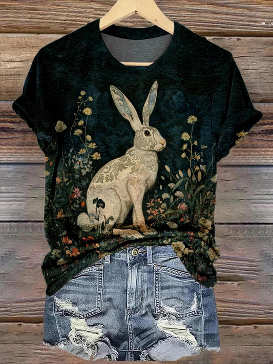 Vintage Bunny Floral Easter Crew Neck T-shirt