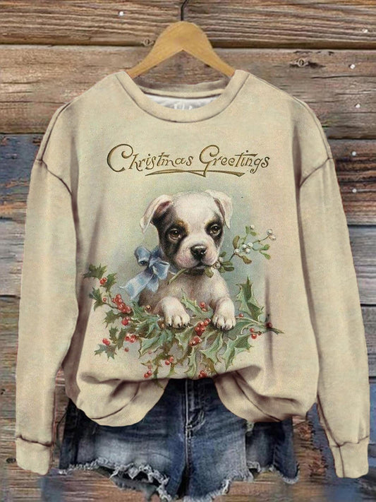 Women's Cute Puppy Christmas Print Long Sleeve Top