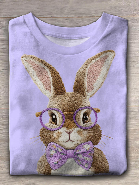 Easter Bunny Faux Embroidery Crew Neck T-shirt