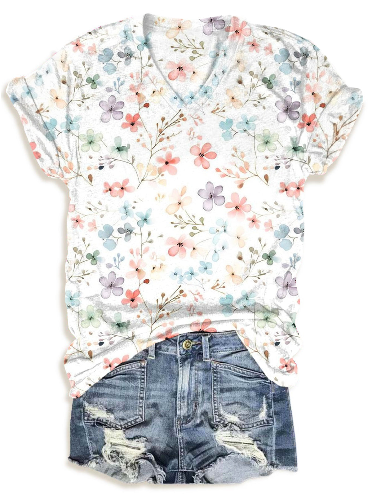 Women's Flower Print V Neck T-Shirt