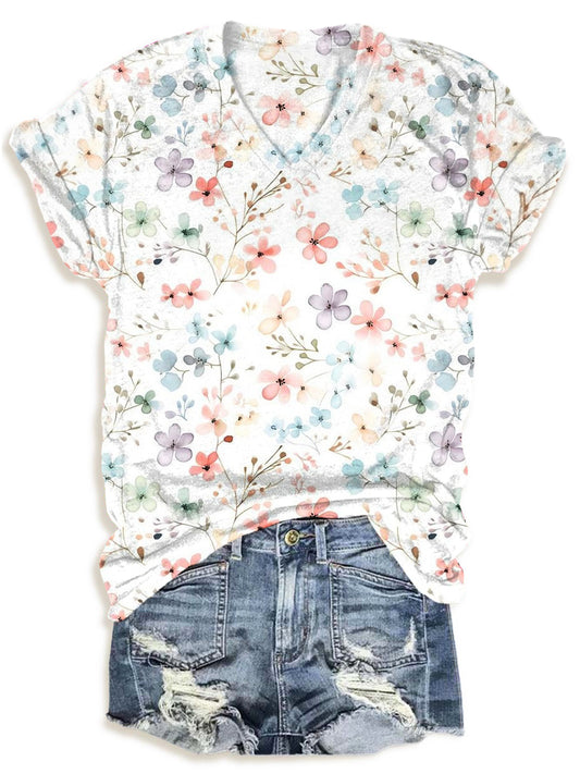 Women's Flower Print V Neck T-Shirt