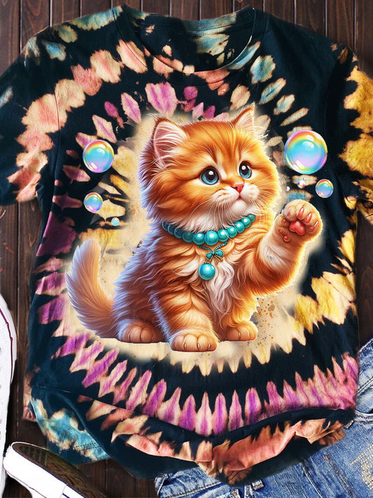 Cat Tie Dye Printed Short Sleeve Top