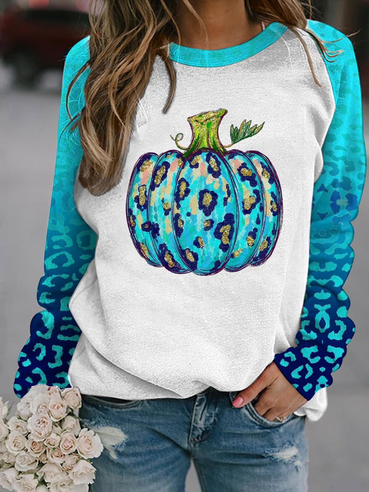 Leopard Blue Pumpkin Printed Long Sleeve Top