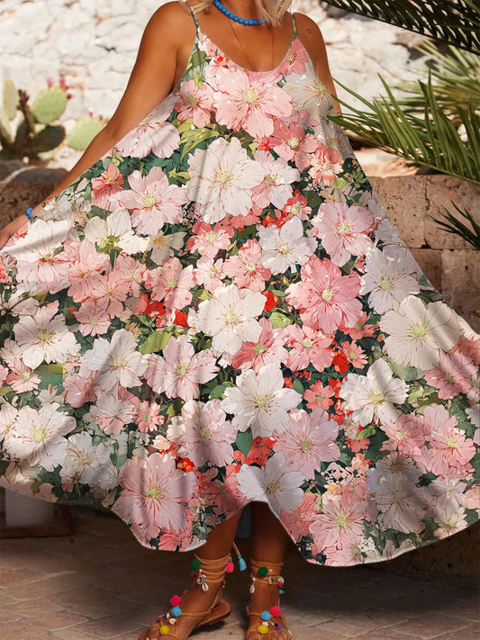 Women's Romantic Pink Flowers Print Casual Spaghetti Strap Dress