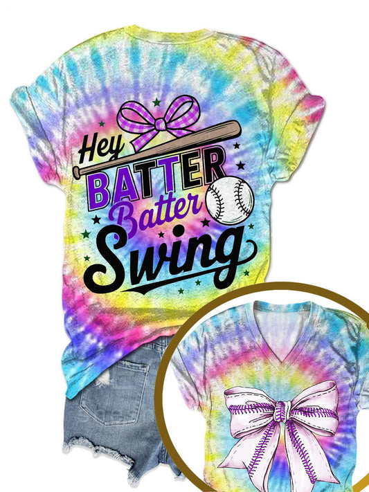 Hey Batter Batter Swing Baseball Tie-Dye Print T-Shirt