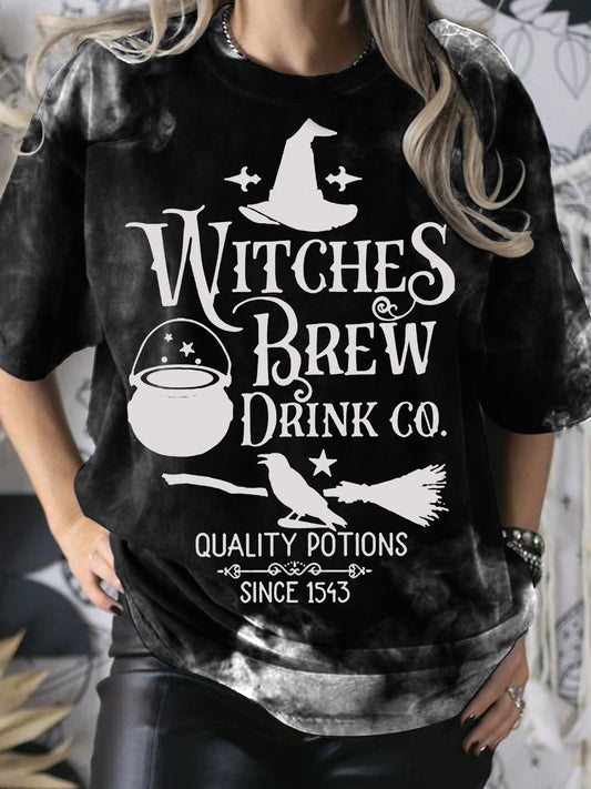 Funny Witch Print Casual Short Sleeve Top