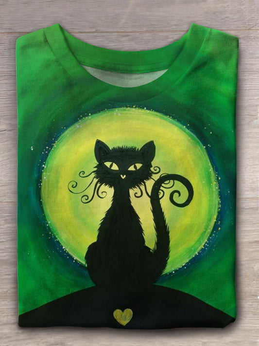 Moonnight Cat Printed Crew Neck T-shirt