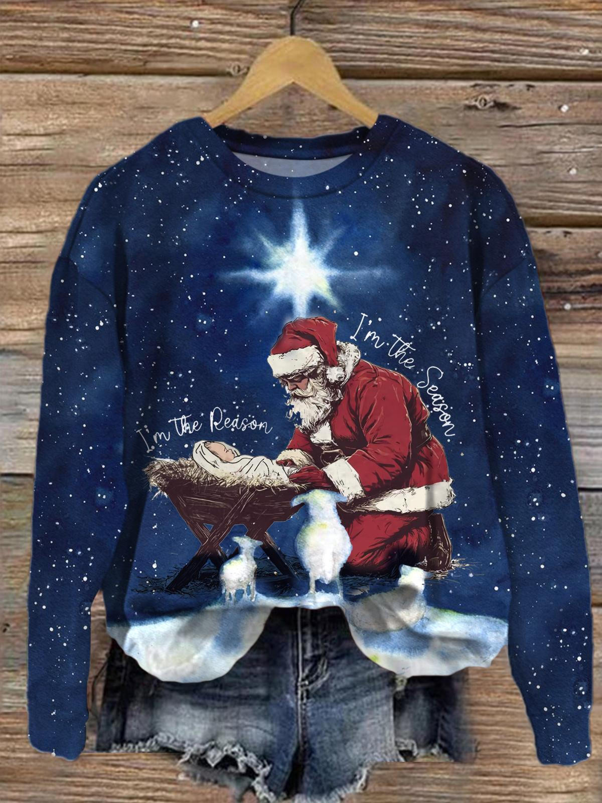 Santa Claus And Christmas Eve Printed Long Sleeve Casual Top