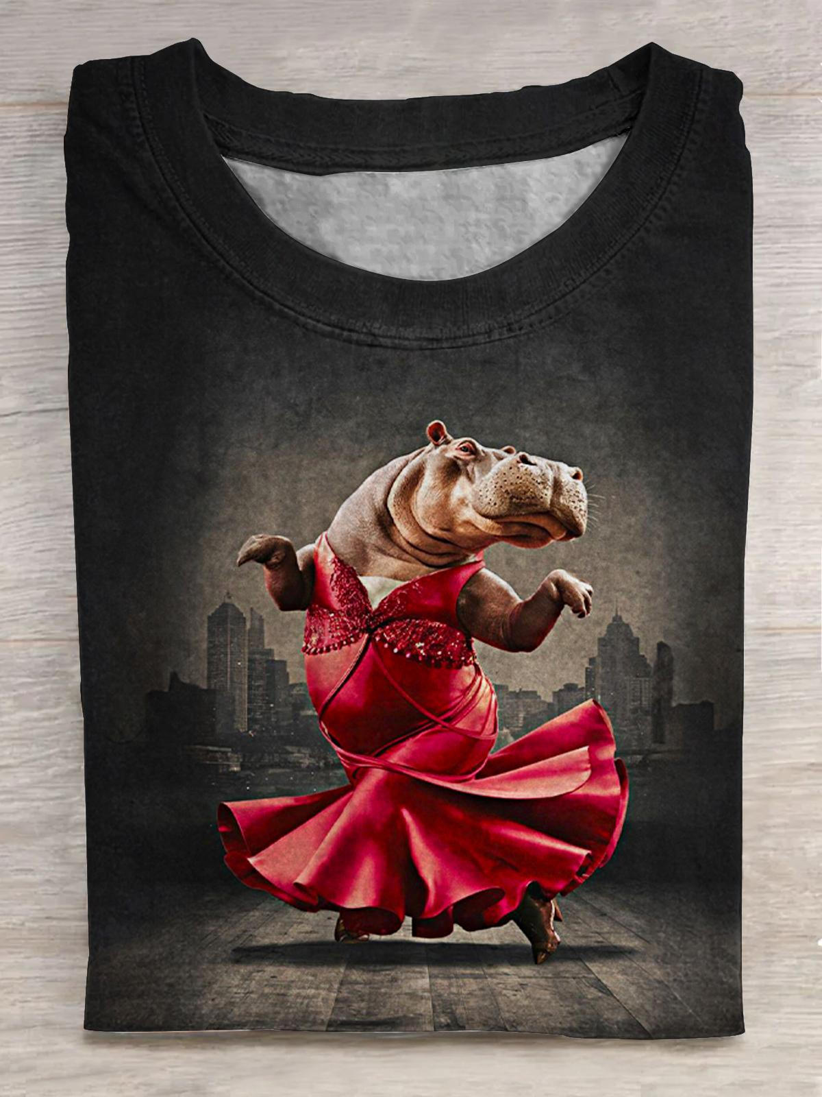 Funny Dancing Hippo Print Crew Neck T-shirt