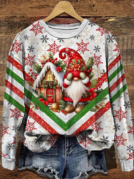 Women's Christmas Ribbon Gnome Print Round Neck Long Sleeve Top