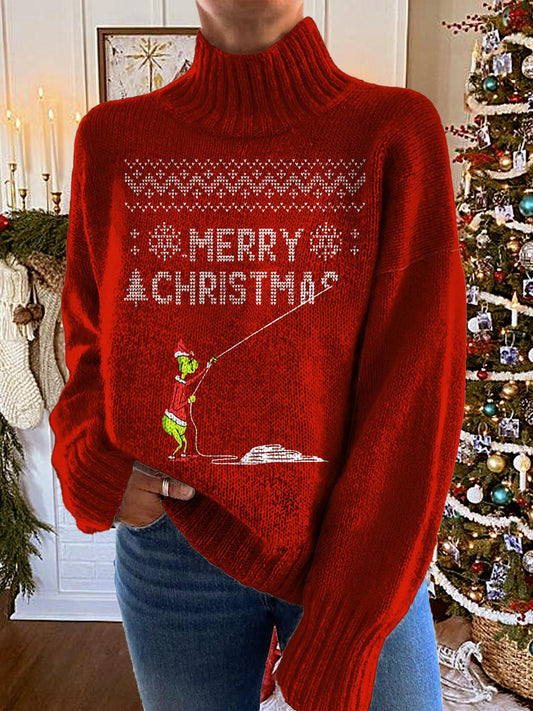 Women's Christmas Funny Pull-Thread Turtleneck Fleece Sweatshirt