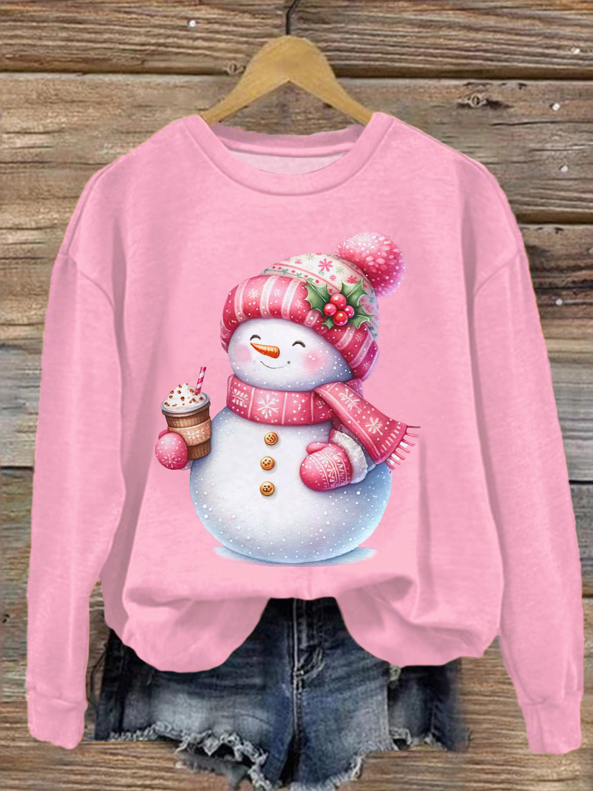 Women's Cute Christmas Pink Snowman Long Sleeve Top