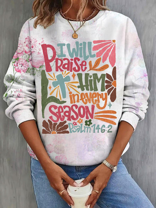 Women's I Will Praise Him Printed Casual Long Sleeve Top