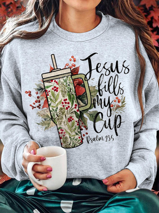 Women's Jesus Shaking The Cup Faith Crew Neck Casual Sweatshirt