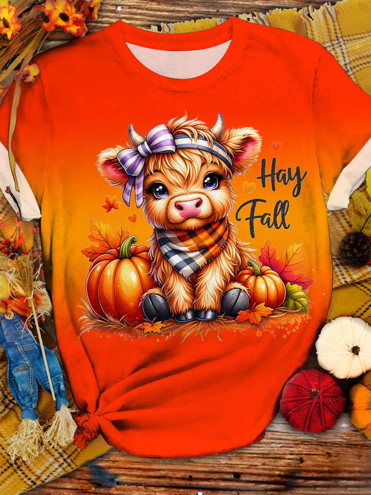 Women's Halloween Pumpkin Cow Autumn Print T-Shirt