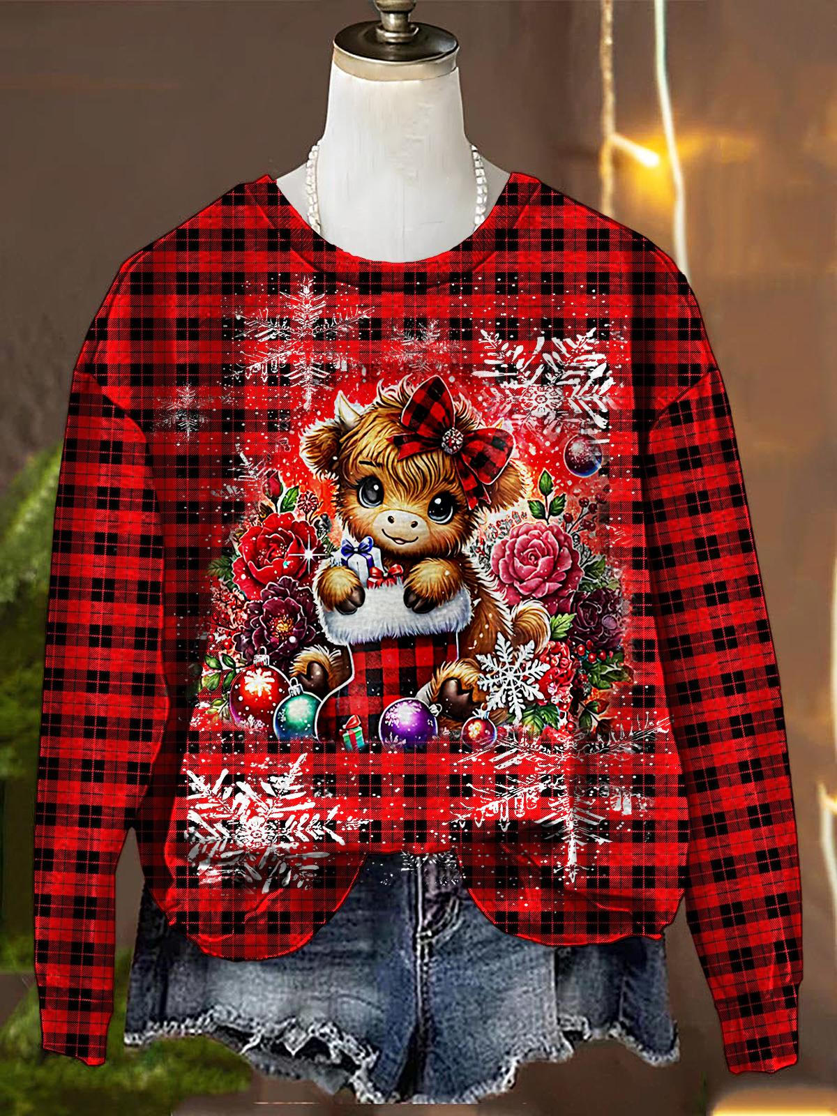 Women's Christmas Highland Cow Printed Long Sleeve Casual Top