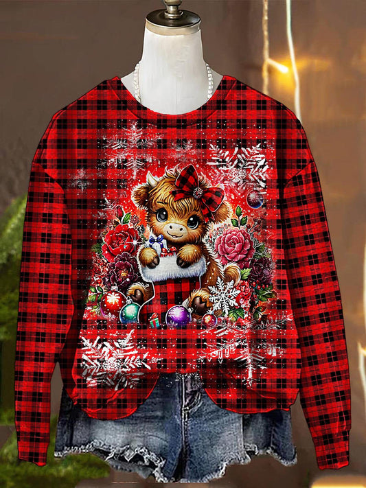 Women's Christmas Highland Cow Printed Long Sleeve Casual Top