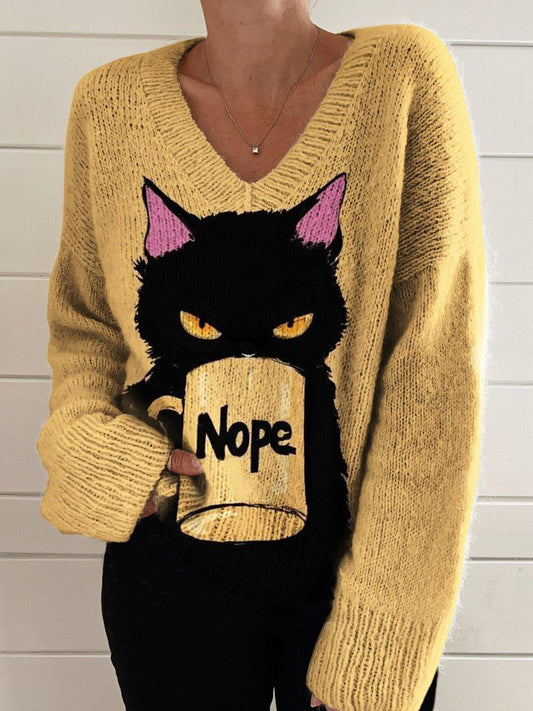 Women's Nope Funny Cat V-neck Casual Sweater