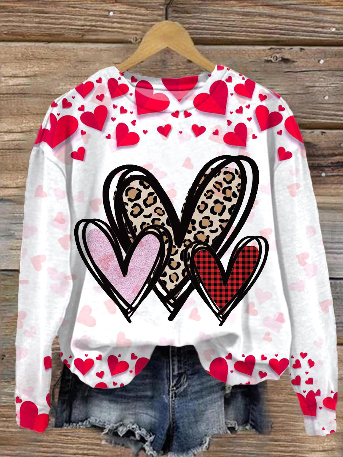 Leopard Doodle Heart Valentines Printed Long Sleeve Casual Top