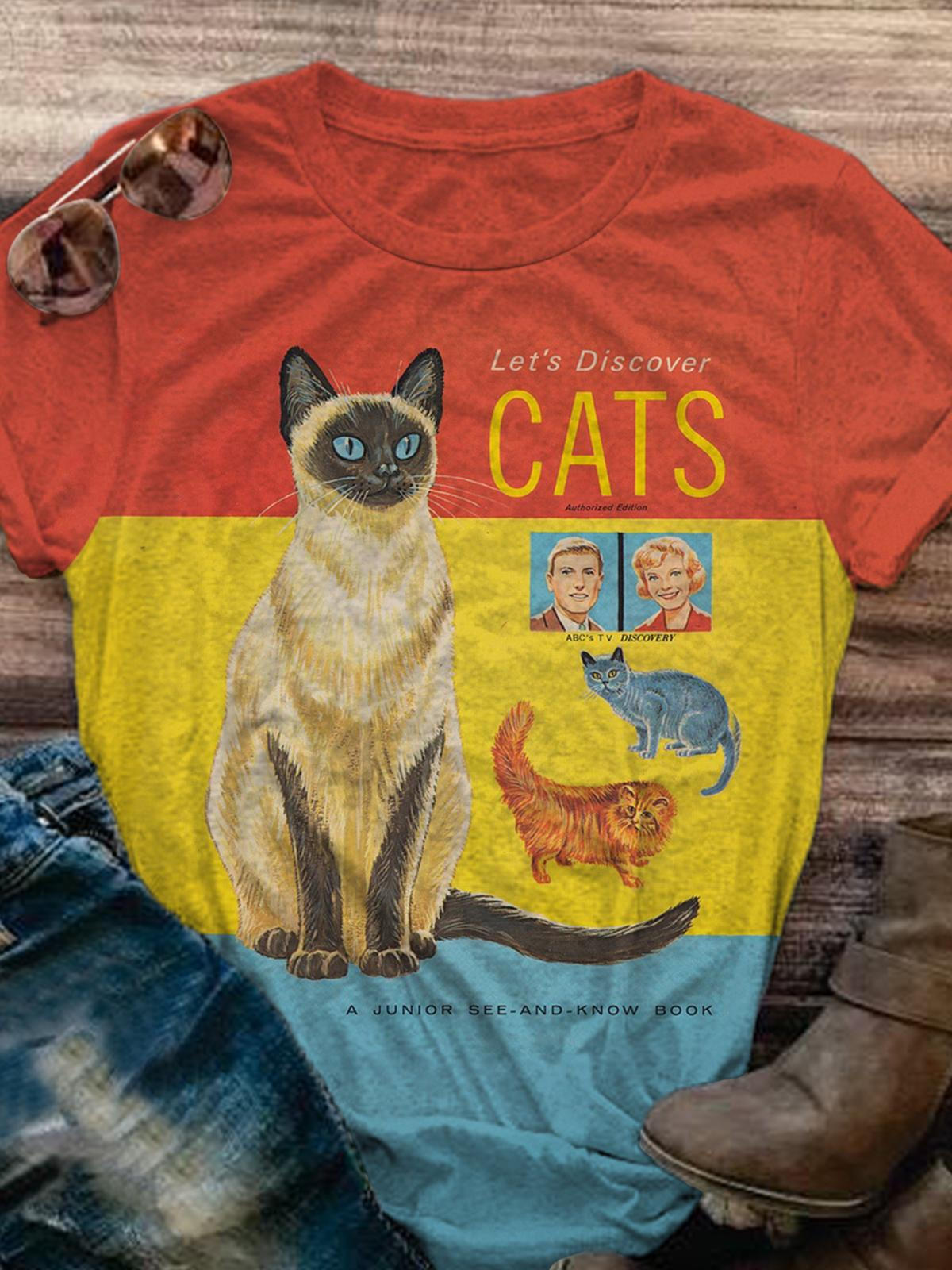 Let's Discover Cats Retro Cat Print Casual T-shirt