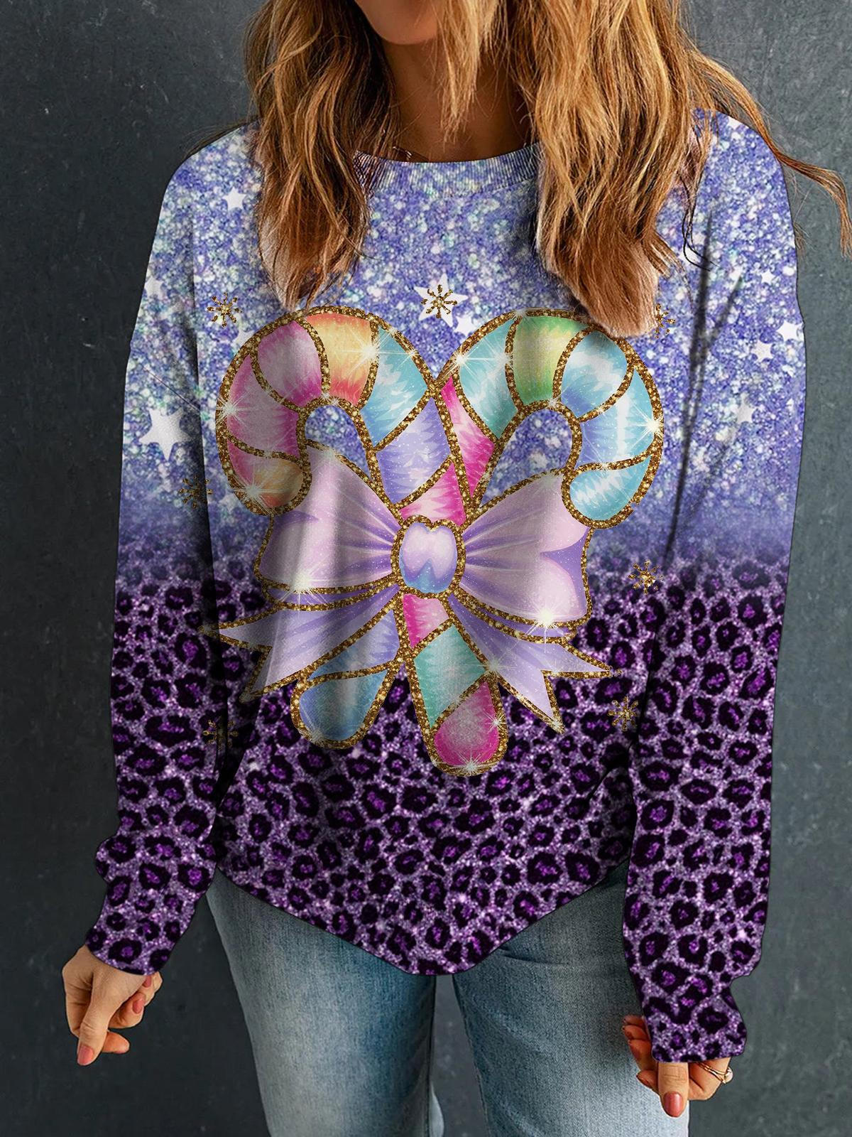 Women's Christmas Bow Faux Sequin Print Long Sleeve Top