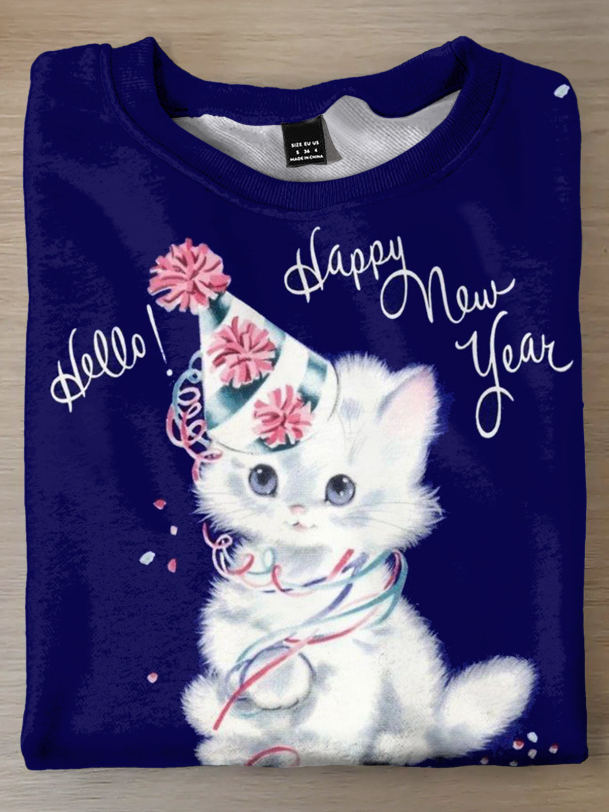 Hello Happy New Year Cute Cat Print Long Sleeve Top