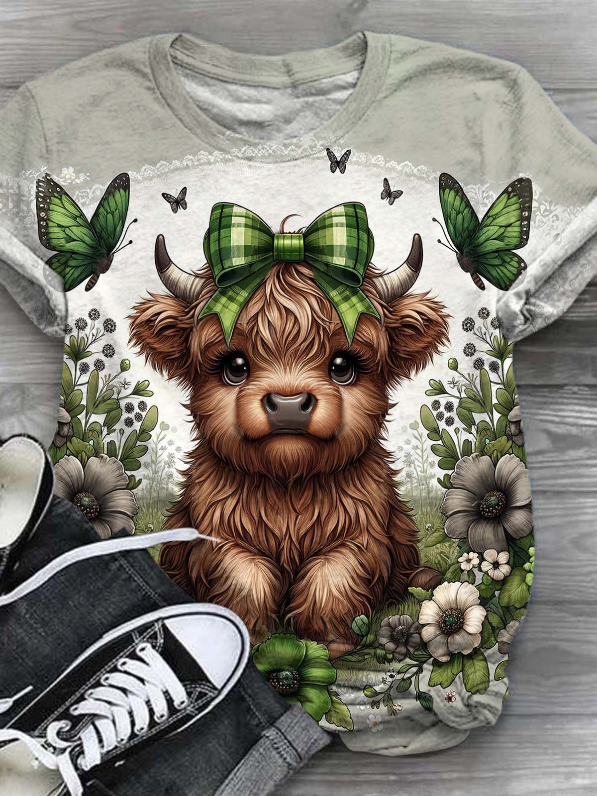 Floral Butterfly Highland Cow Print Crew Neck T-Shirt