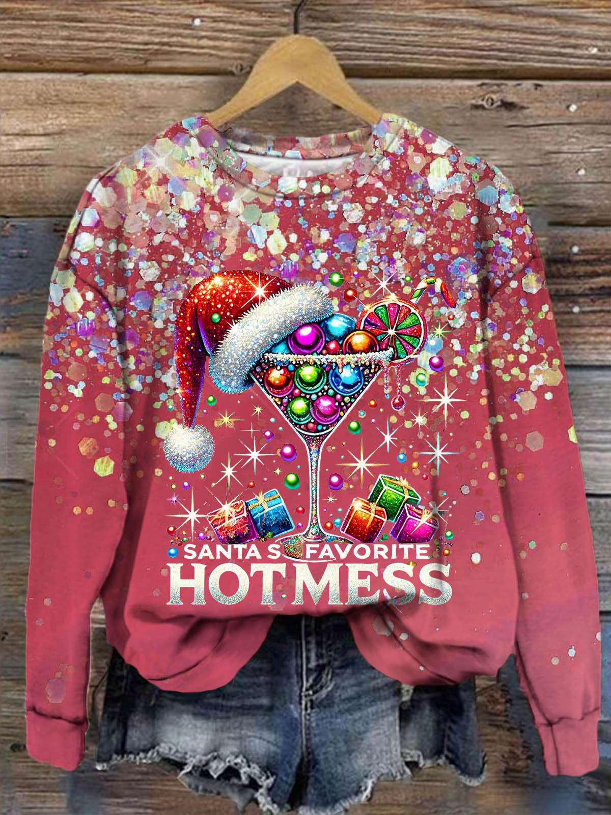 Santas Favorite Hot Mess Faux Sequin Print Long Sleeve Top