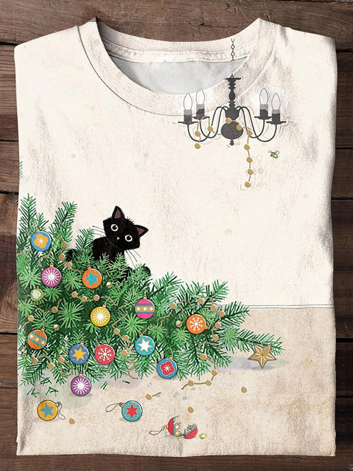 Women's Christmas Kitty Crew Neck T-shirt