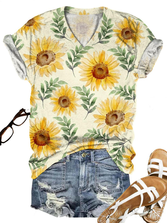 Summer Sunflower Floral Casual Vacation Print T-shirt