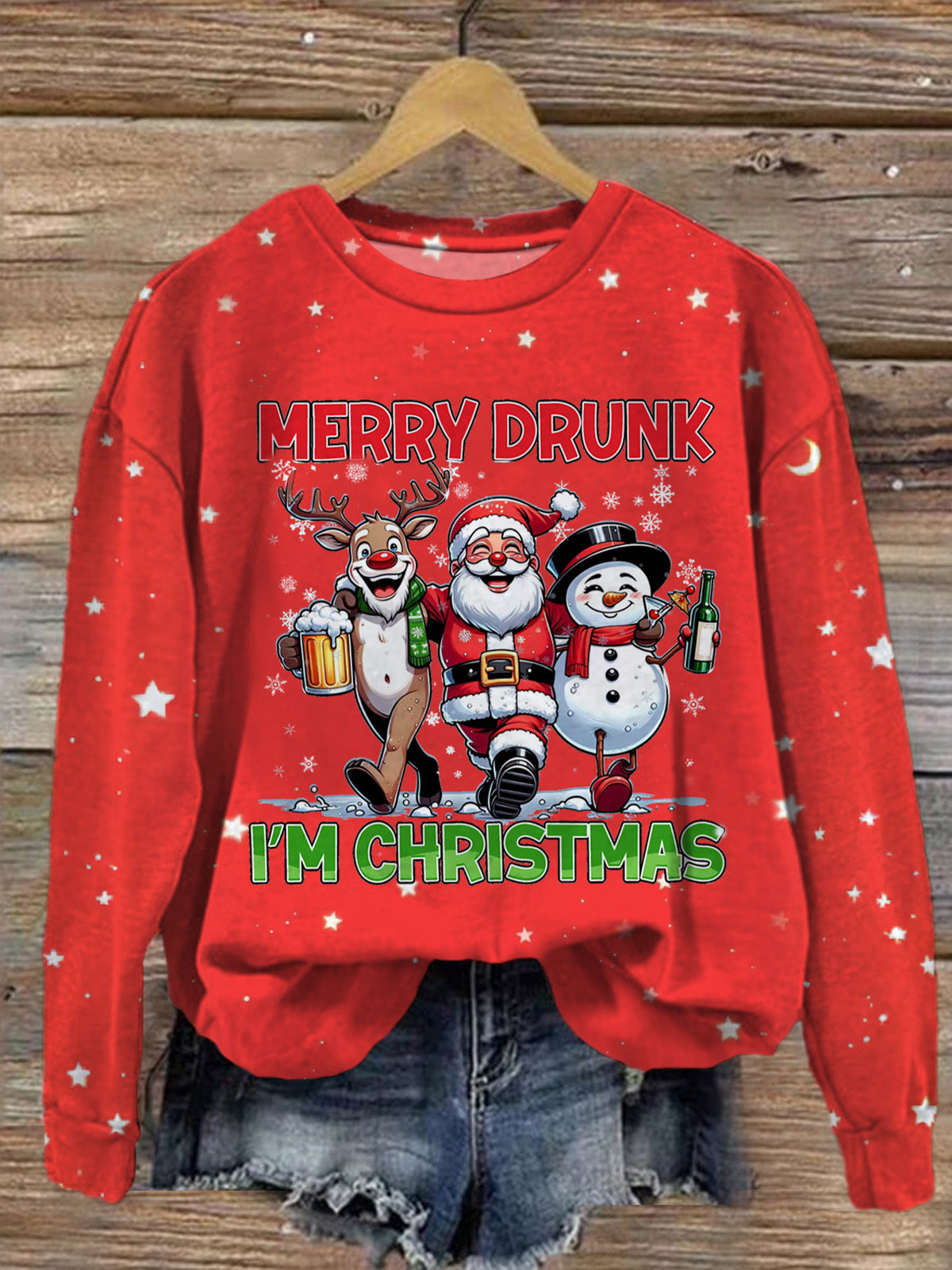 Funny Merry Drunk Christmas Printed Long Sleeve Casual Top