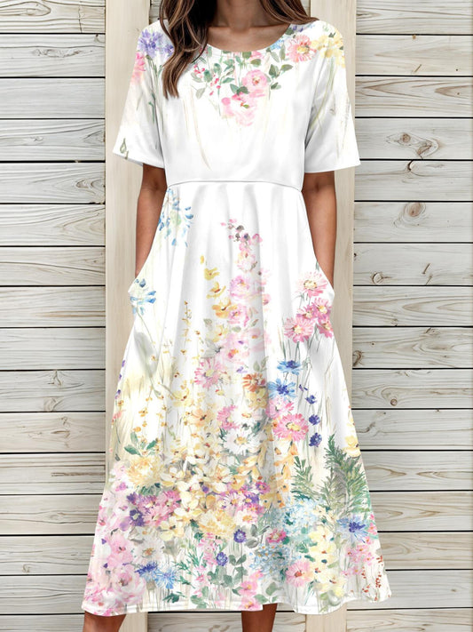 Floral Print Side Pockets Crew Neck Short Sleeves Dress