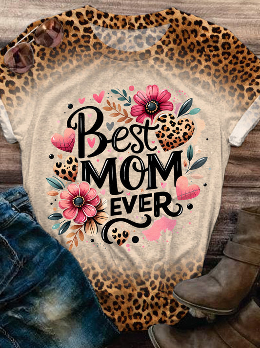 Best Mom Ever Mother's Day Leopard Print Crew Neck T-shirt