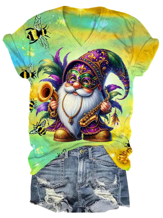 Mardi Gras Festival Gnome Music Bee Print T-shirt