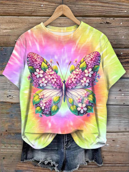 Colorful Butterfly And Flower Tie Dye Crew Neck T-shirt